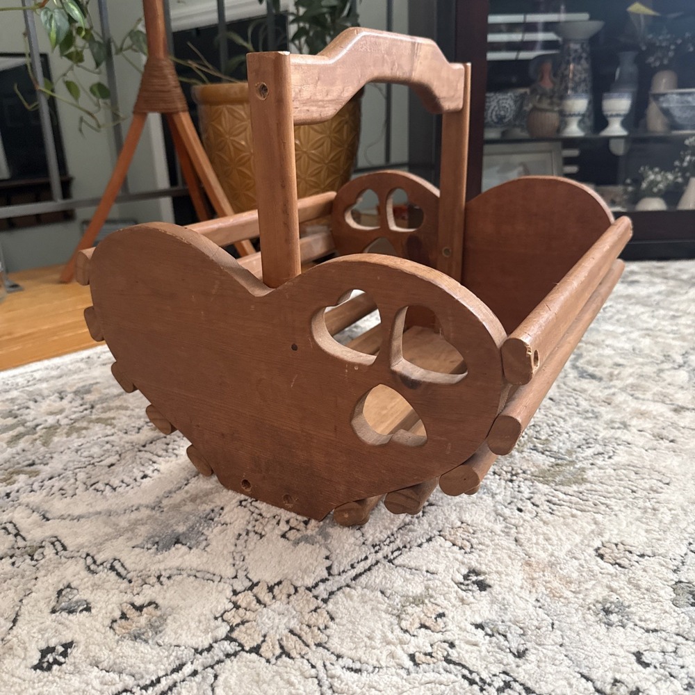 Vintage Wooden Heart Basket Handmade USA Decor Storage Large 15" x 14" 7" Deep